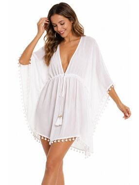Club Z Collection 2X White Pom Pom Kaftan Swim Cover Up NWT